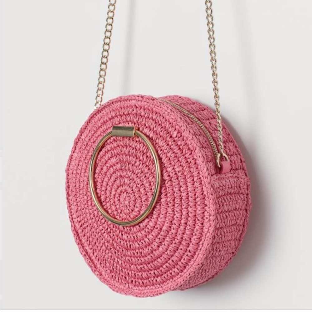 H&M BLOGGER PINK & GOLD ROUND STRAW CROSSBODY BAG PURSE